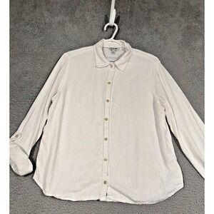 Orvis Women's Linen Blend Shirt White Roll Tab Sleeve Button Down Classic Medium